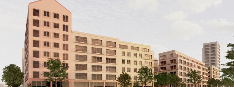 Vision för utformning och gestaltning av ny bebyggelse inom fastigheten Städet 2 med del av Sjöhagaparken i förgrunden. Vänerborgen AB/Ateljé Nord AB.