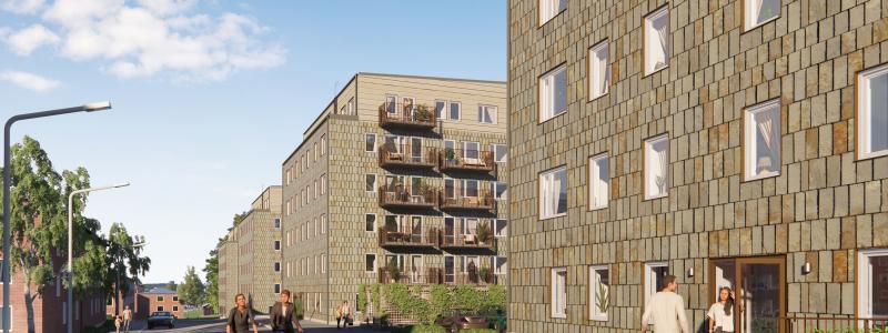 Visionsbild av Skandia Fastigheters punkthus i etapp 2 av utvecklingen av Kållered Centrum. Foto: Studio Ekberg