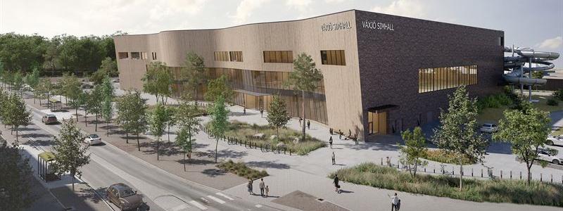Den nya simhallen på Bäckaslövsområdet i Växjö. Illustration: Norconsult
