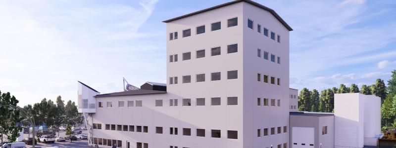 Skissbild på den nya delen (högsta delen) som byggs på kortsidan av huset intill Fläktgatan. Foto: Wibax Group