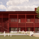Källparkens förskola, sedd från söder, kommer att byggas i två våningar och ha en röd träpanel (illustration: LPP arkitekter).
