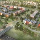 Vy från luften av bostadsområdet Östra Ramlösa. Till vänster i bild finns en gång och cykelbro. En bit in i bilden ser man ett stort antal radhus i olika färger. Illustration:  
Helsingborgs stad i samarbete med arkitektkontoret Warm in the Winter