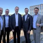 Joakim Hedin, styrelseordförande Bockasjö AB, Emil Engelbrektsson, chef fastighetsutveckling Balder, Erik Selin, styrelseordförande Balder AB, Lucas Flysjö, CFO Bockasjö AB, Jacob Torell, vd Next Step Group AB, Petter Hedihn , vd Bockasjö AB Foto: next stop