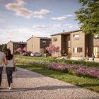 Radhusens entréer vetter ut mot kommunens planerade park. BoKlok Sandallén sett från kommunens park som planeras anläggas intill området. Pressbild: BoKlok