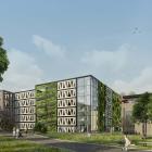 LKPs nya parkeringshus Niels Bohr med fasad av återbrukade vindkraftsvingar. Pressbild: LKP