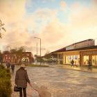 Visionsbild över ett framtida område kring resecentrum i Sävar med vy från Kungsvägen mot öster. Illustration: Link Arkitekter.