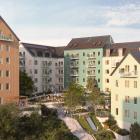 De första bostadskvarteren i Sickla får fasader med infärgat, värmebehandlat trä. Visionsbild: Atrium Ljungberg/White Arkitekter