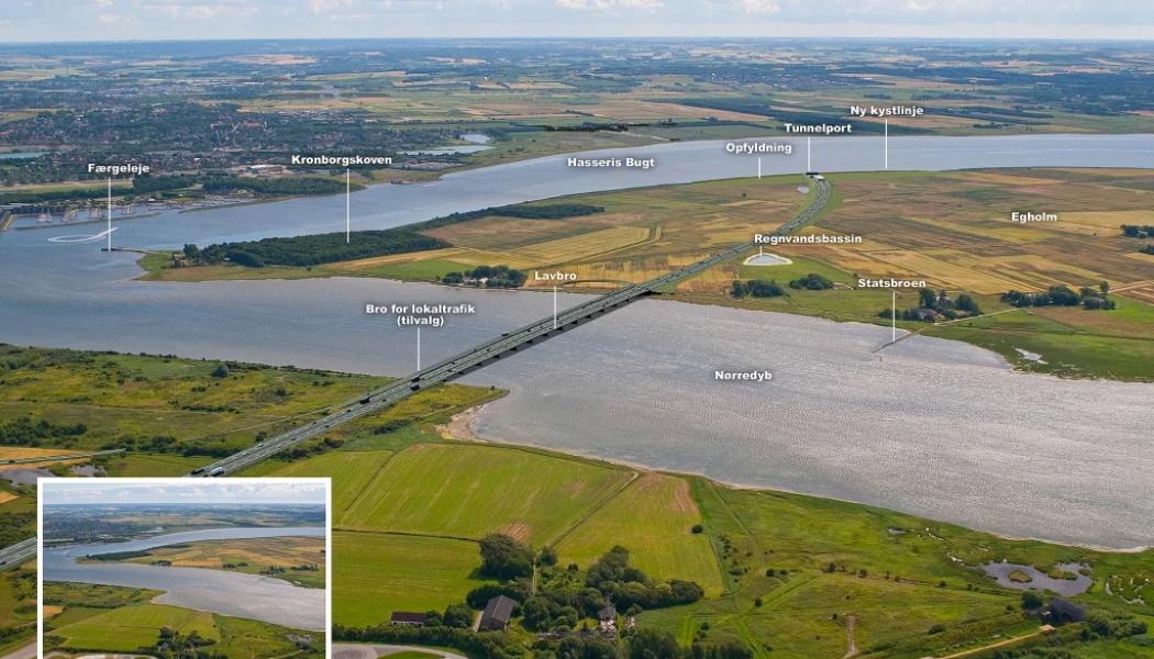 En illustration av den tredje Limfjordsförbindelsen vid Ålborg, där en fyrfilig motorväg på 20 kilometer dyker ner i en tunnel under Limfjorden. Illustration: Projektet: Limfjordsförbindelsen