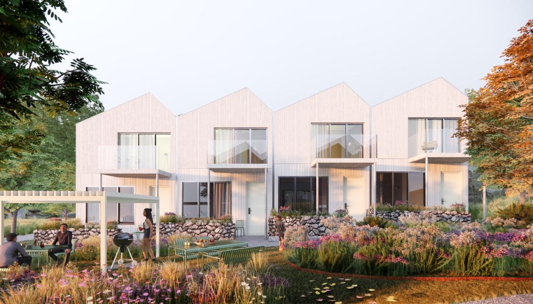 Kaminsky Arkitektur och JL Projektledning vinner markanvisningstävling med hållbara radhus på Sundsstrand, Uddevalla Illustration: Kaminsky Arkitektur