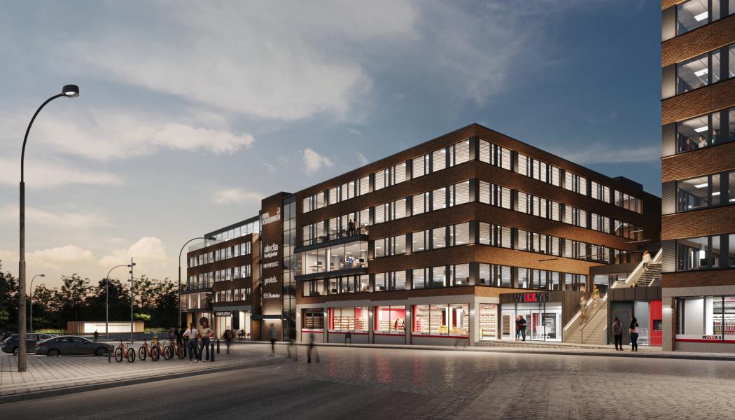  Illustration av Nya Kasernen på Hvitfeldtsplatsen, mitt i centrala Göteborg. Projektet omfattar omkring 45 000 kvadratmeter med kontorsvåningar i varierad storlek, restauranglägen och takterrasser för hyresgästerna. Bild Walk The Room
