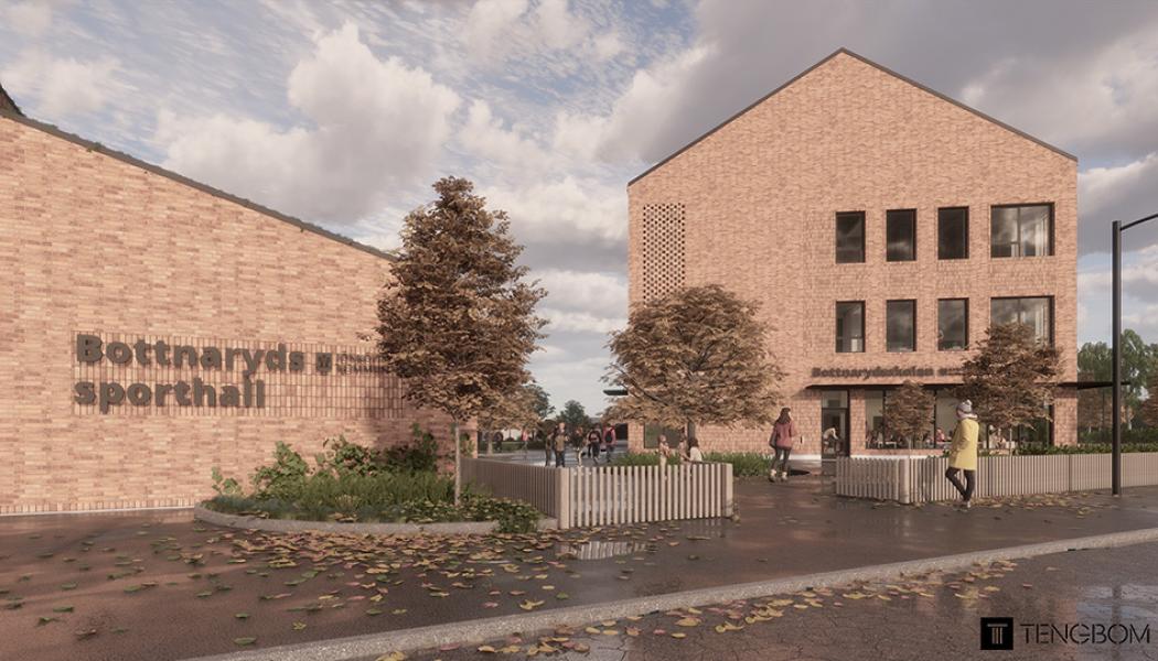 JSB Construction AB tilldelas entreprenadkontrakt för nybyggnation av Bottnarydskolan och tillhörande Sporthall för Jönköping kommun. Illustration: Tengbom
