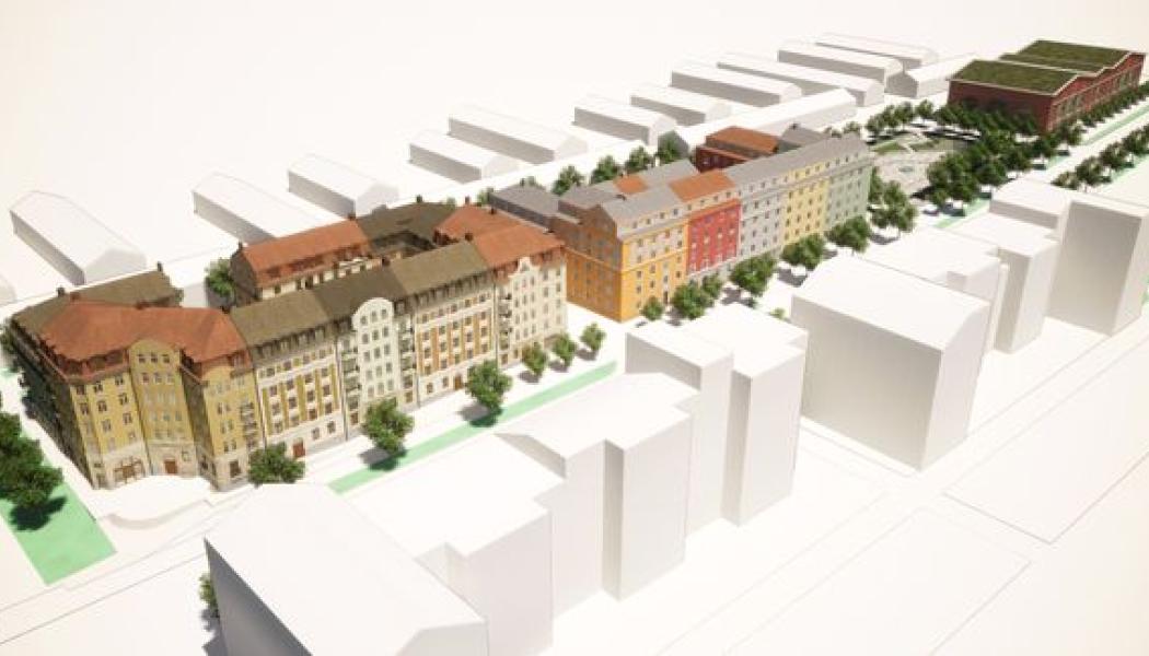 Översiktsbild över de två kvarteren längs Mälarvägens norra sida (centrumsidan). Längst österut längs Mälarvägen syns parkeringshuset. Intill skymtar skyfallsparken. Illustration: Nils Freckeus Arkitekter