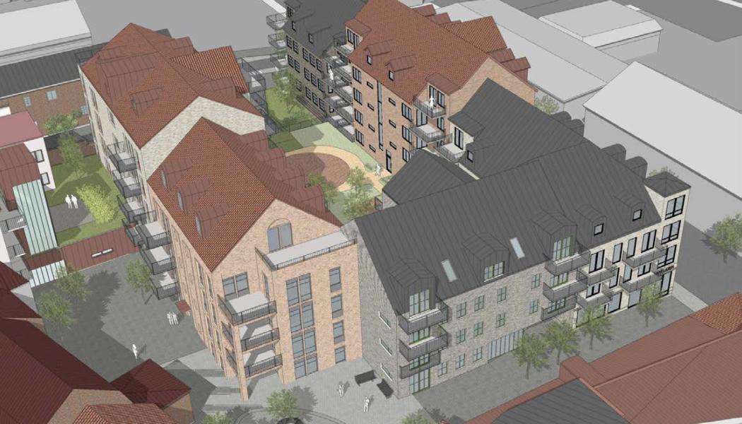 Tidigare framtagen översiktsvy från söder som ger en uppfattning om kv Hästens omfattning. En nyproduktion som kommer att harmoniera mer befintlig byggnation i Laholms stadskärna. Illustration: Fredblad Arkitekter