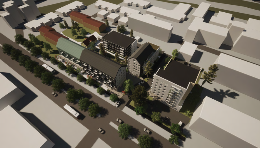 Det nya förslaget innebär att tre befintliga byggnader (50 A-C, 50 D-G och 50 H) ska bevaras och renoveras, medan övriga byggnader rivs för att ge plats åt nyproduktion av fyra hus med cirka 140 moderna bostäder. Pressbild: Uppsalahem