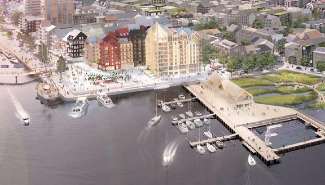 De nya kvarteren vid Hamnplan i Norrtälje med hotell, bostäder och pirbyggnad. Visionsbild: Sydväst arkitektur och landskap samt Koncept/AFRY.