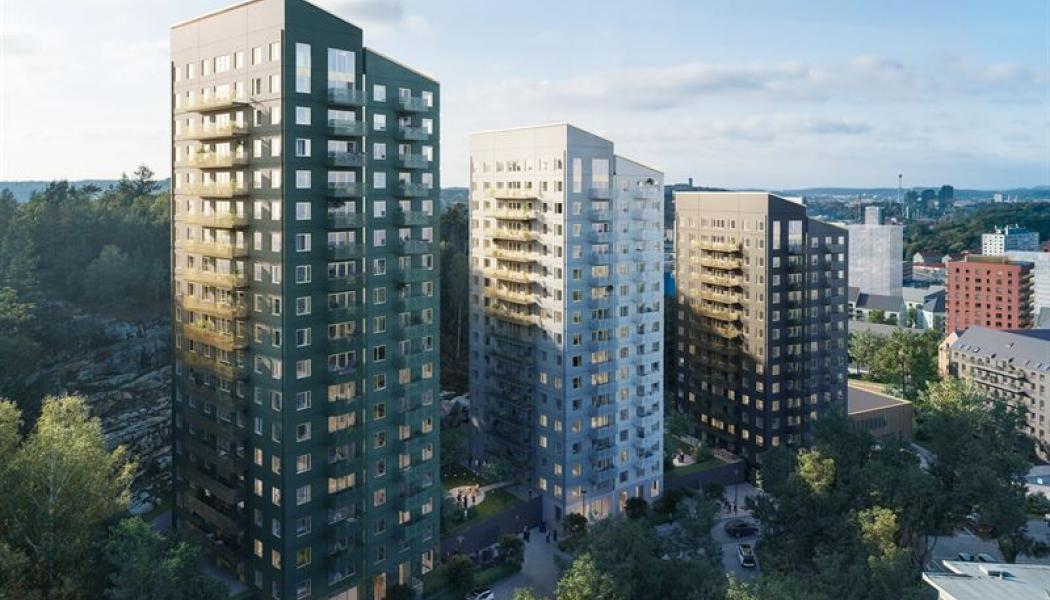 Kvarteret Mejeristen i Kallebäcks Terrasser består av tre hus i olika kulörer inspirerade av den intilliggande skogen och berget, dova färger med skira och glimrande detaljer. Lägenheterna hyrs ut via Wallenstams egen bostadskö. Fotograf: Rendering av Liljewall