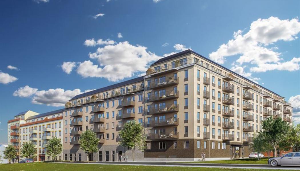 Bostadsprojektet Kaprifolen i Järvastaden, Solna​​​​​​​. Illustration: Skanska