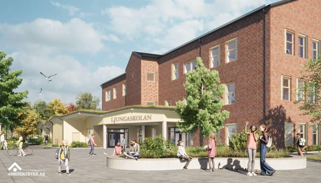 I samband med första spadtaget 30/11 offentliggjordes den nya skolans namn, Ljungaskolan, som utsetts efter en namntävling. Skissbild: Karin Pettersson Arkitektbyrå.