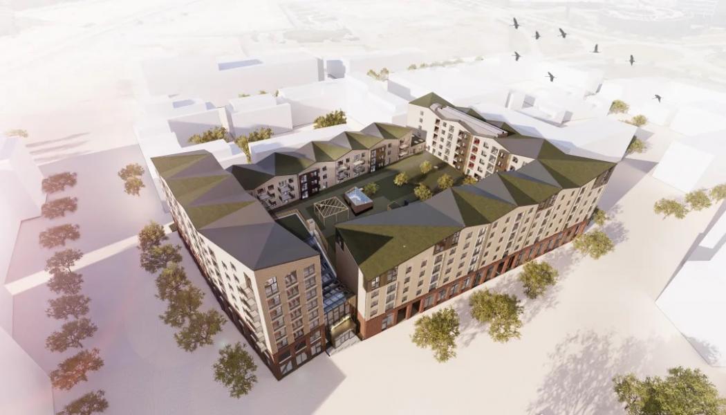 Bona Terra utgör fonden till stadsdelstorget och sätter därmed tonen för Brunnshögs centrum. Illustration: FOJAB