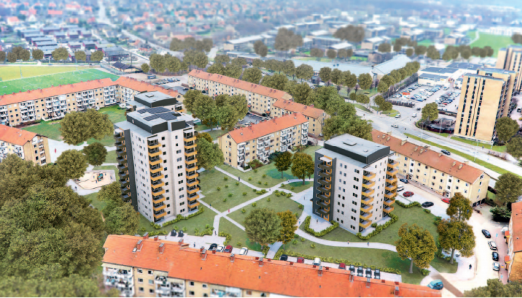 Översiktsbild över Elineberg. De fastigheter som renoveras är femtiotalsfastigheterna med fasader av gult tegel. 
Bild: Helsingborgshem