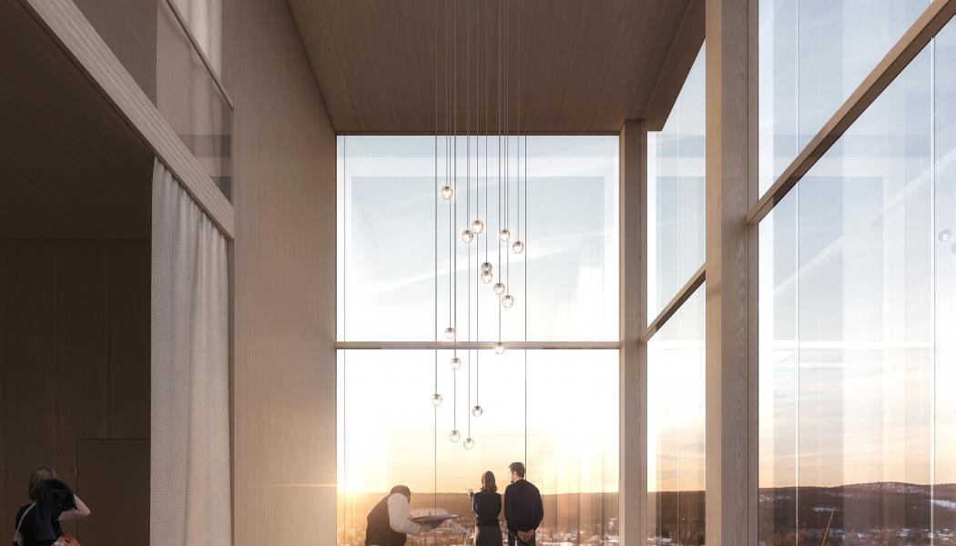 Högst upp i högdelen ska en restaurang och spa ligga. Det blir en publik del och antalet förväntade besökare ställer stora krav på hissar. 
Illustration: Luxigon

