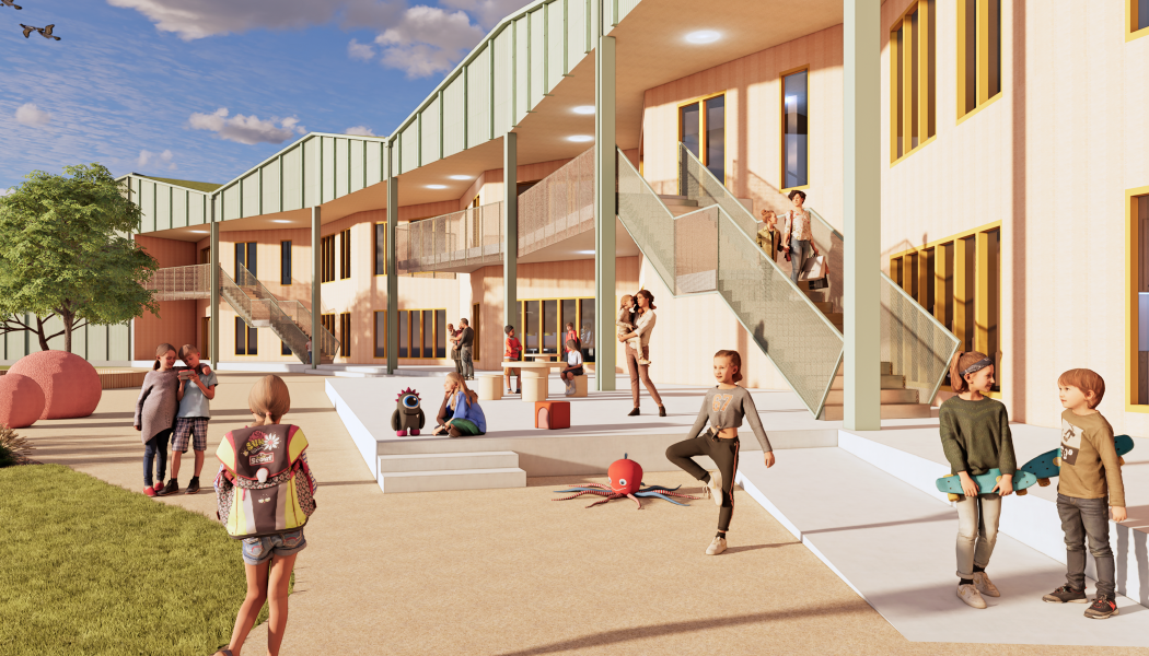 Visionsbild över den nya grundskolan på Adolfsfält i Ängelholm. Källa: Fojab
