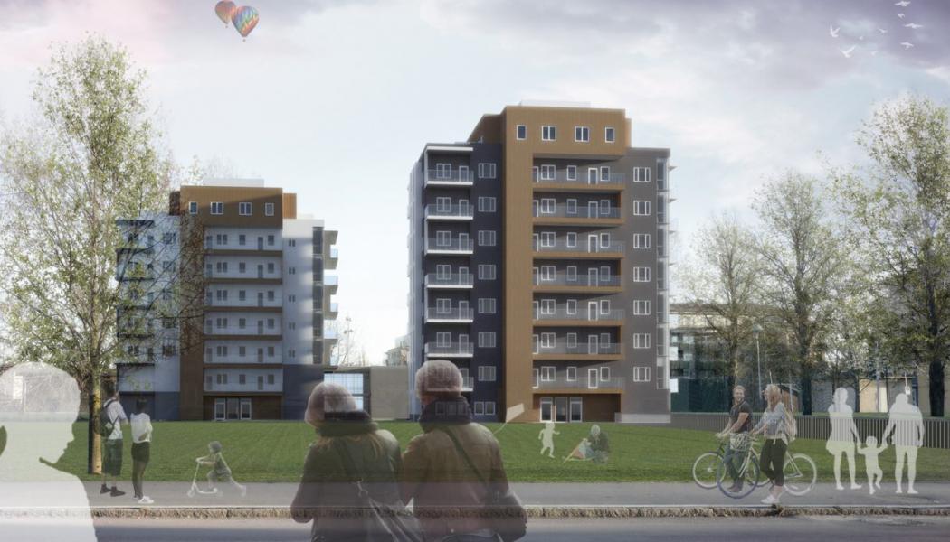 Projektet omfattar ett nytt bostadskvarter i de yttre delarna av centrala Karlstad. Nyproduktionen består av två huskroppar där husen inrymmer bostäder (KBAB) varav det ena huset även inrymmer en ny förskola (Karlstad kommun) som är planerad i två våningar. Bostadshusen är planerade som punkthus i nio respektive tio våningar, med trästomme. Illustration Klara Arkitekter.