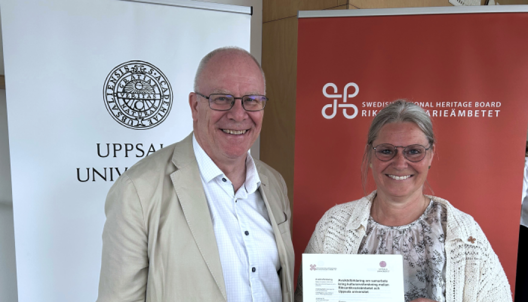 De som undertecknar samarbetet är rektor Anders Hagfeldt och riksantikvarie Susanne Thedéen. Anders Hagfeldt är rektor för Uppsala universitet, som firar 550-årsjubileum nästa år, och Susanne Thedéen är chef över Riksantikvarieämbetet, som med sina 396 år är en av Sveriges äldsta myndigheter. Fotograf/Källa: Wenche Solberg (CC BY-NC-ND)