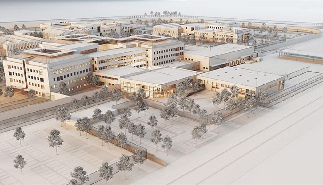 Arkitektbild (Krook & Tjäder) av ny anstalt i Trelleborg