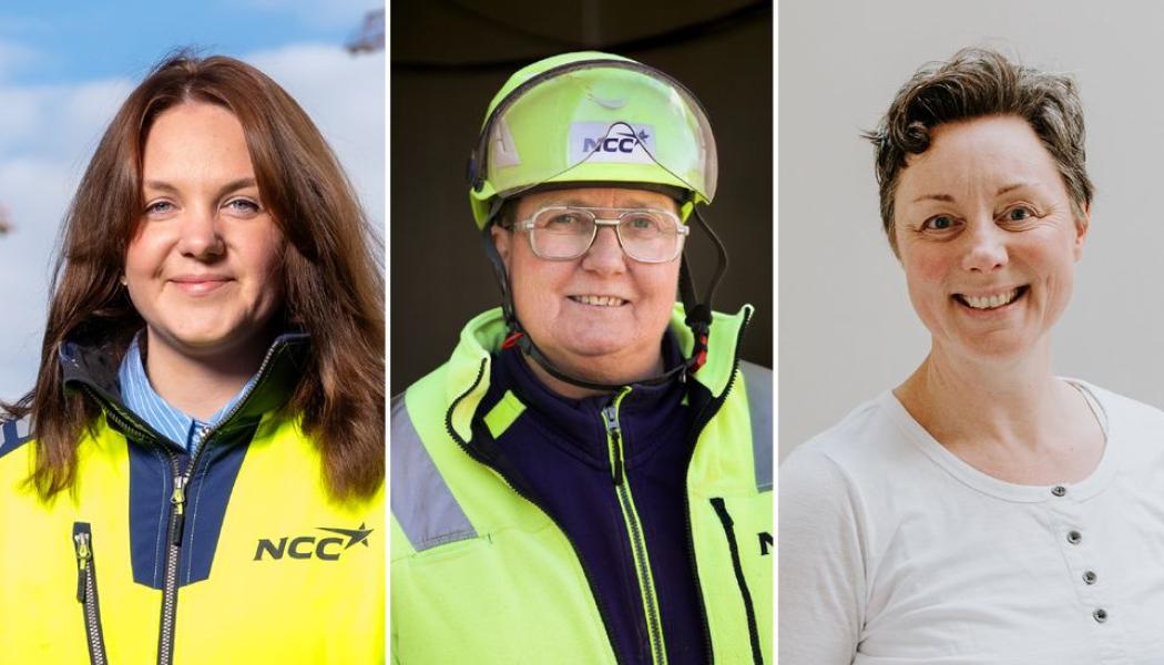 Finalisterna i Årets byggkvinna 2025. Från v. Ida Söderholm, planeringsspecialist, NCC, Luleå – Marie-Louise Halvarsson, träarbetare, NCC, Karlskoga – Tuva Marminne, målare, Anders R Nilsson Måleri AB, Falkenberg. Pressbild: Byggföretagen