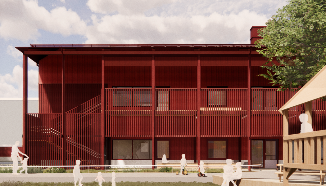 Källparkens förskola, sedd från söder, kommer att byggas i två våningar och ha en röd träpanel (illustration: LPP arkitekter).