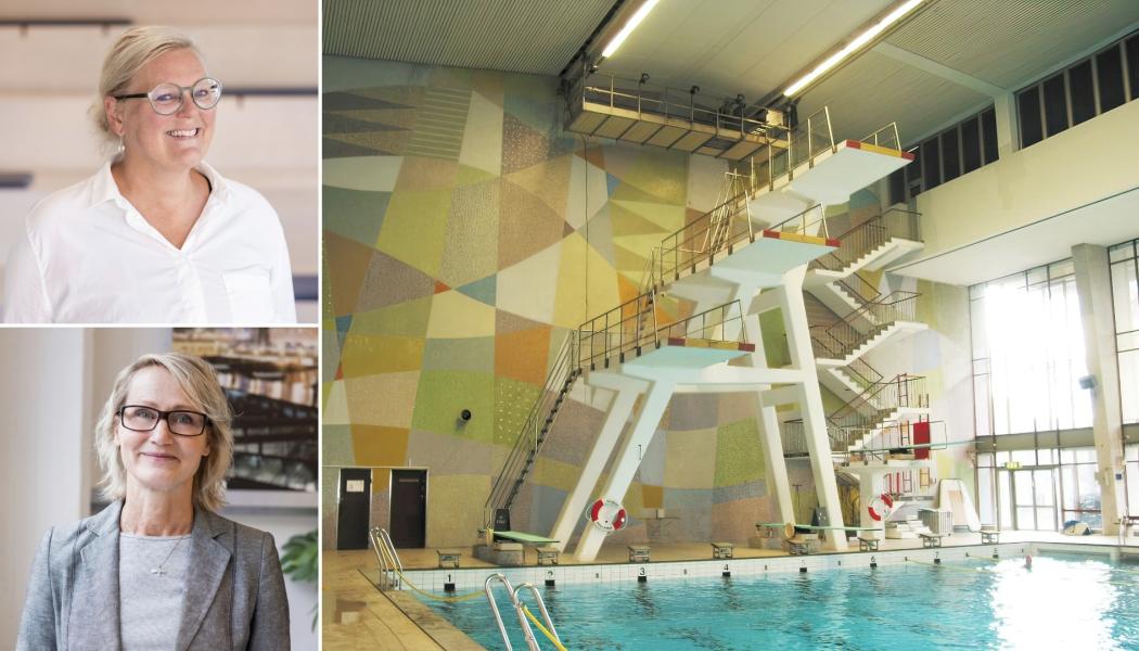 Valhallabadet (arkivbild, Göteborgs Stadsmuseum). Cilla Jansson och Liv Berghagen Stein, arkitekter på Krook & Tjäder.