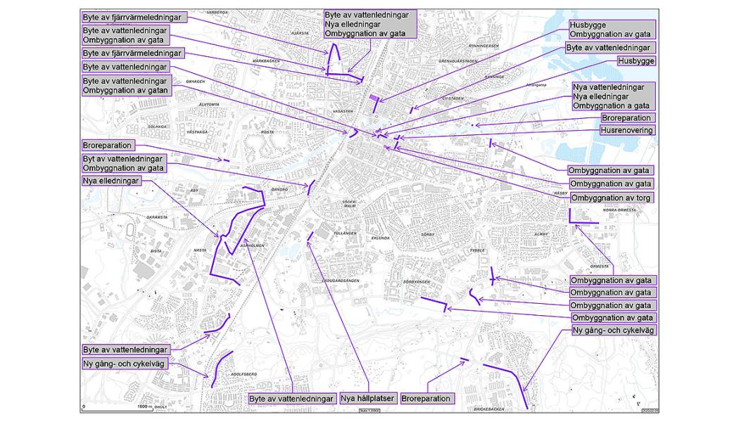 Karta över planerade gatuarbetena med större påverkan på framkomligheten i centrala Örebro under 2025. Pressbild: Örebro kommun