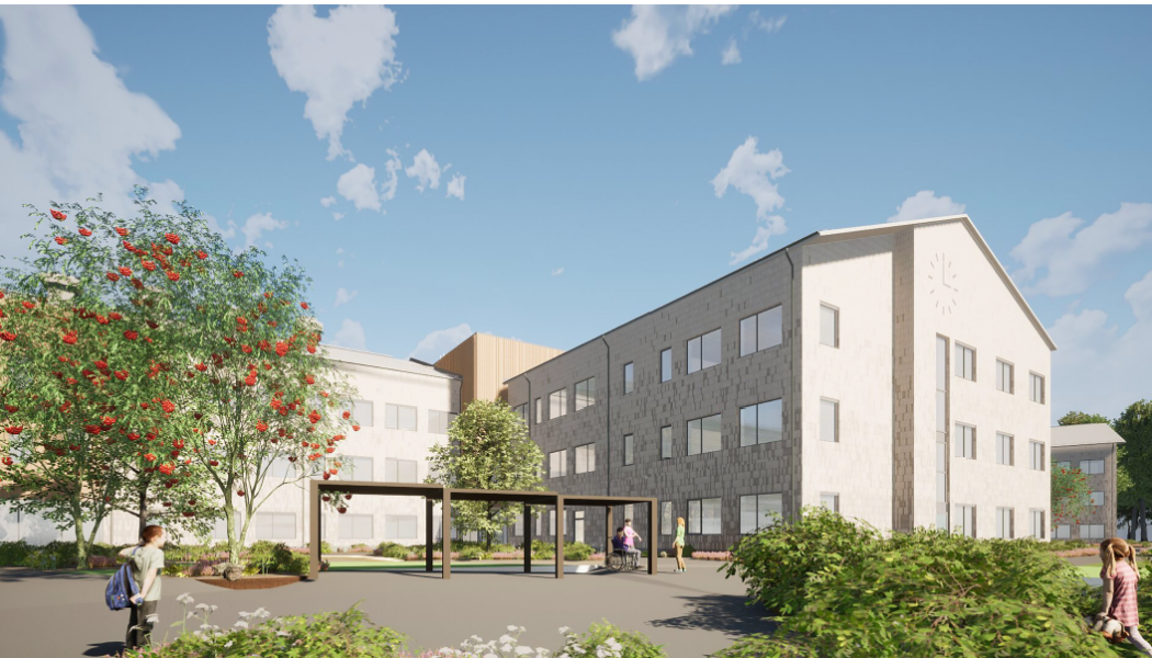Ny skola Fredriksdal skolgård. Visualisering: Archus Arkitekter
