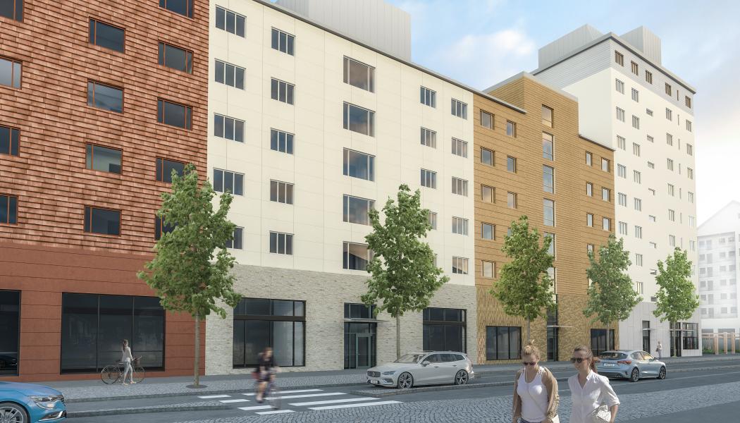 70 nya bostadsrätter, med planerad säljstart 2024/25, utvecklas i simhallskvarteret i Partille Port. Illustration: Norconsult.