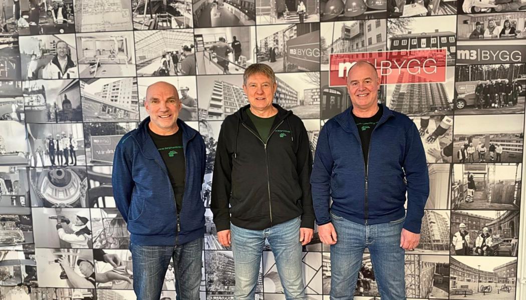 Ledning Bergman Bygg: Tonny Greiff, fastighetsskötsel, byggservice och byggprojekt (specialist på steril- och renrumsarbeten), Kent Bergman, VD, ekonomi, administration och personal, Peter Andersson, fastighetsskötsel, byggservice och byggprojekt. Foto: Rotundagruppen