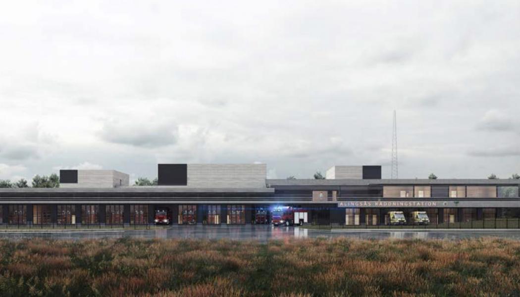 Den nya räddningscentralen i Alingsås samlar räddningstjänsten samt ambulansverksamheten i Alingsås och Vårgårda 
kommuner under ett och samma tak. Illustration: Liljewall arkitekter
