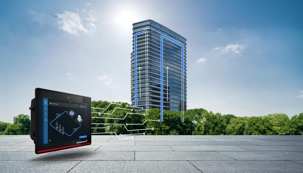 På Nordbygg visar Grundfos hur intelligent styrning av vatteninfrastruktur spelar en allt större roll i framtidens byggnader. Centralt i detta är styrenheten GENIECON, utvecklad för att hantera flerpumpssystem i komplexa fastigheter. (Foto: Grundfos)