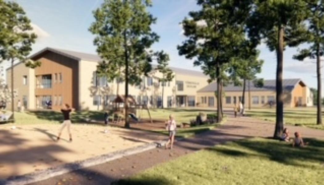 Tångvalla skolområde i Skanör beräknas stå helt klart under första halvan av 2026. Foto: Chroma Arkitekter