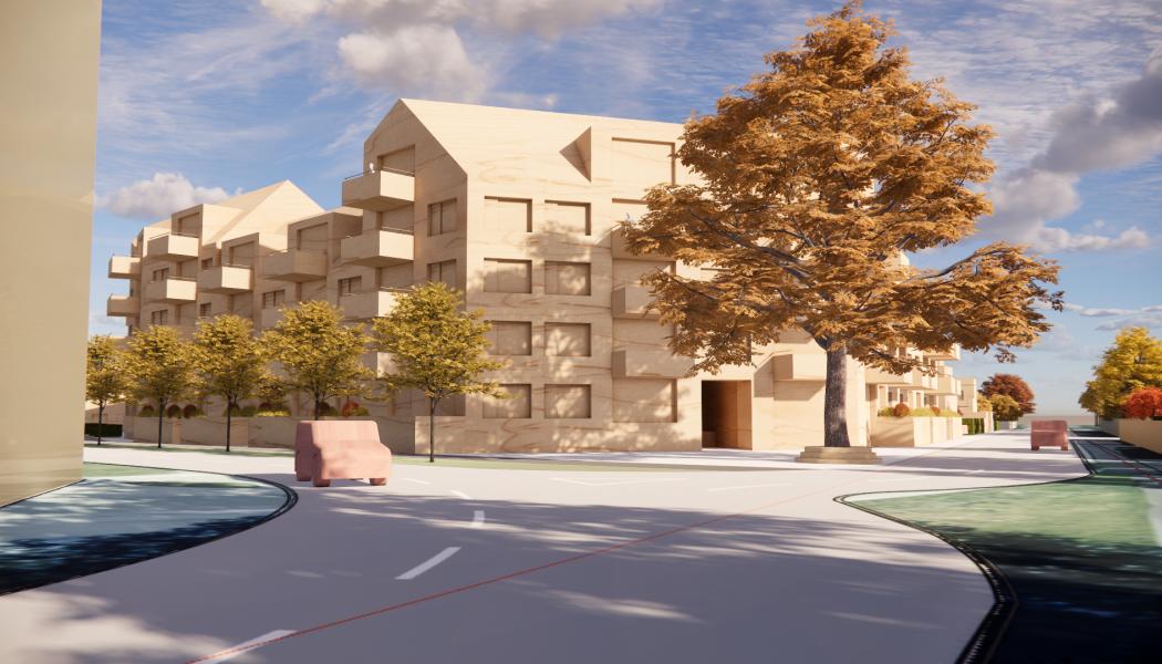 Planförslag för Södra Sandby, sett från Revingevägen/Hällestadvägen. Pressbild: Fojab Arkitekter 