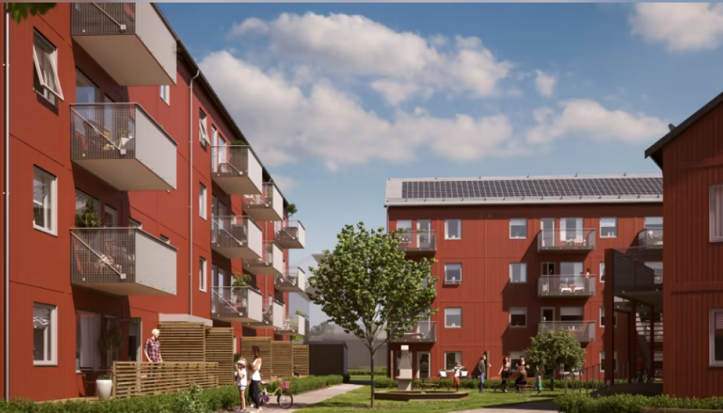 Illustration av det nya kvarteret BoKlok Silvermalmen, med gröna gemensamhetsytor på gården. Foto: BoKlok