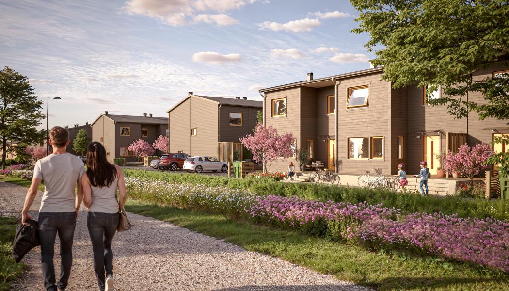 Radhusens entréer vetter ut mot kommunens planerade park. BoKlok Sandallén sett från kommunens park som planeras anläggas intill området. Pressbild: BoKlok