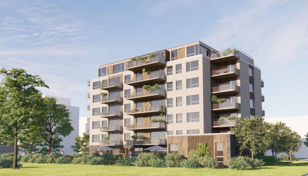 Illustration över Riksbyggens bostadsprojekt i Rydebäck huset. Pressbild: Riksbyggen