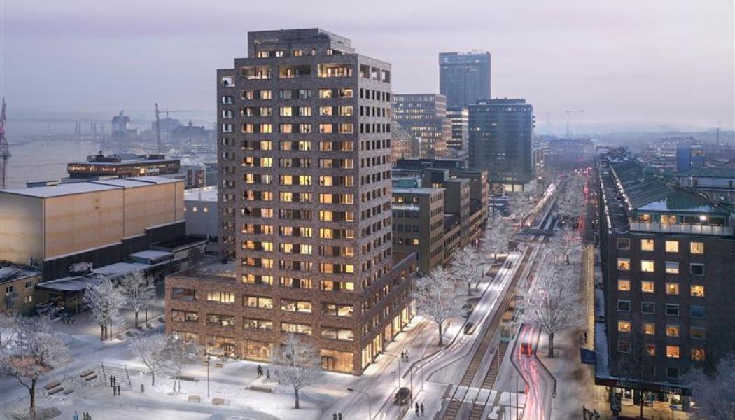 Brf New York gatuvy vinter. Pressbild: Riksbyggen