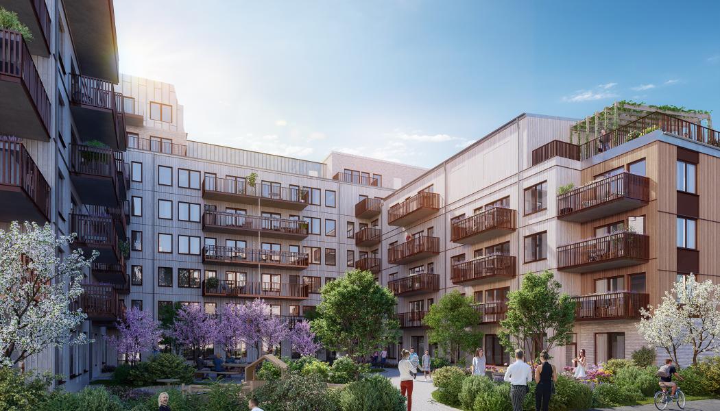 Vy över innergården i Brf Rosendals Trädgård. Foto: 3DVision