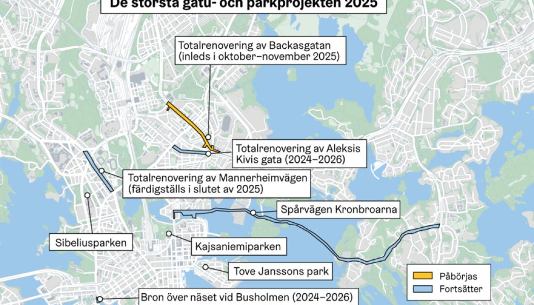 De största gatu- och parkrenoveringarna i Helsingfors 2025.
