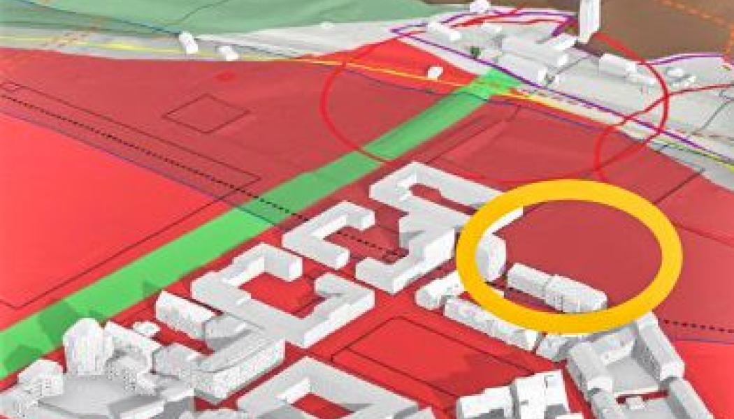 Den gula ringen visar ungefärlig tänkt placering för byggnaden med tandvårdsverksamhet i Kirunas nya centrum. Foto: Region Norrbotten