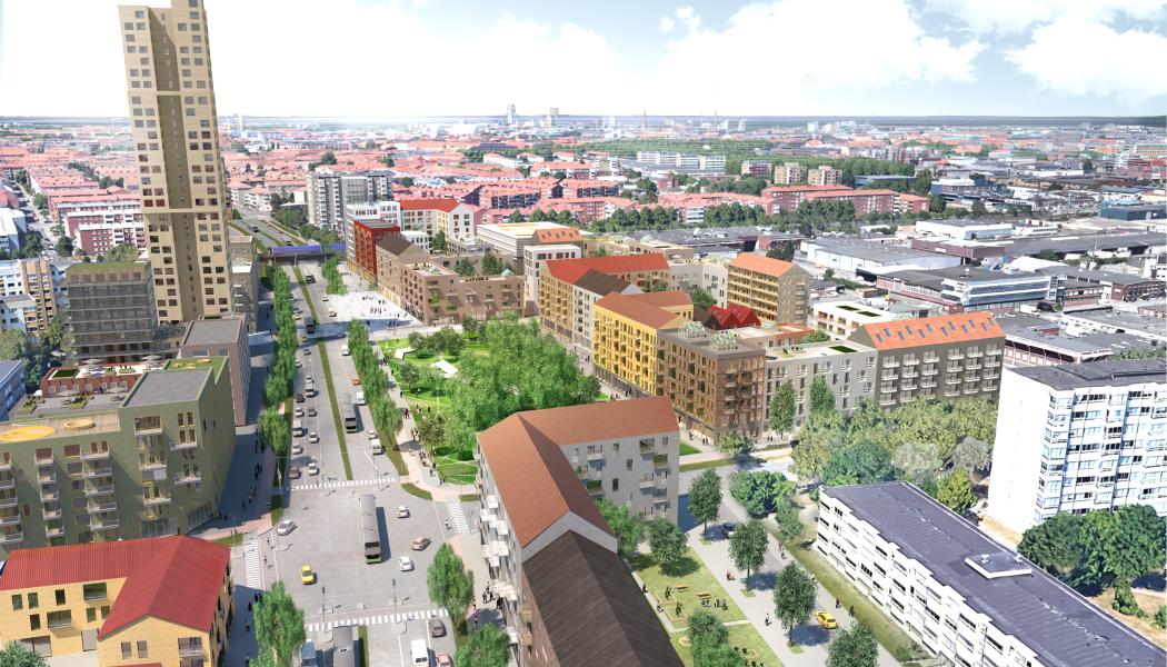  Amiralsgatans södra sida mot Rosengård station. Illustration: Mandaworks