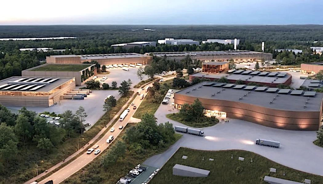 Illustration av det planerade industriområdet som ska byggas helt i trä. Bild: Linnan Kehitys Oy