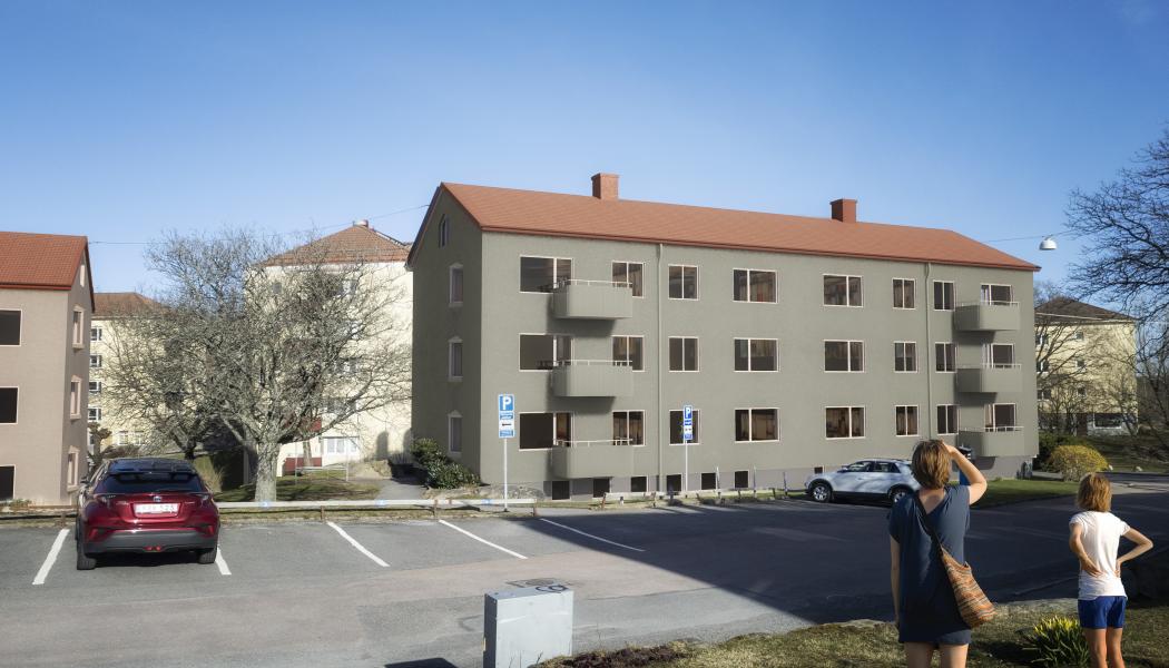 Bild på hur husen på Märlspiksgatan kommer se ut efter renovering. Illustration: Norconsult 